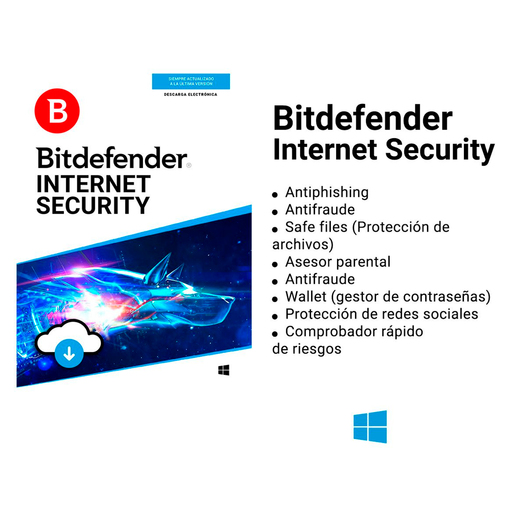 Antivirus Bitdefender Internet Security Licencia 1 año 5 usuarios PC/Laptop